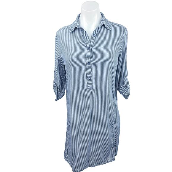 Max Studio Women Blue Striped Collared Half Sleeve Button Up Mini Shirt Dress XS - Picture 1 of 4